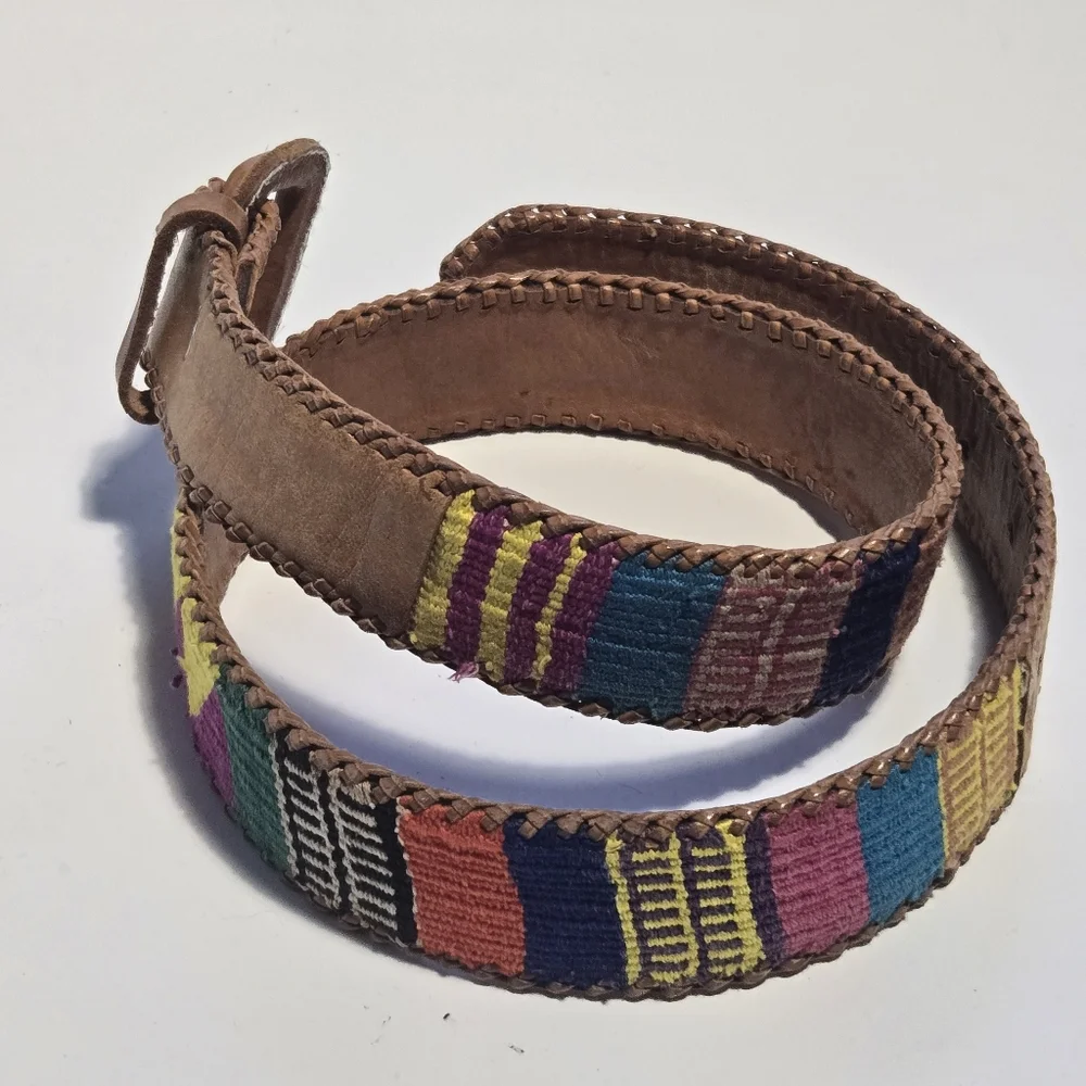 Vintage Guatemalan Handmade Leather & Woven Textile Belt Tan Multicolor Size 30